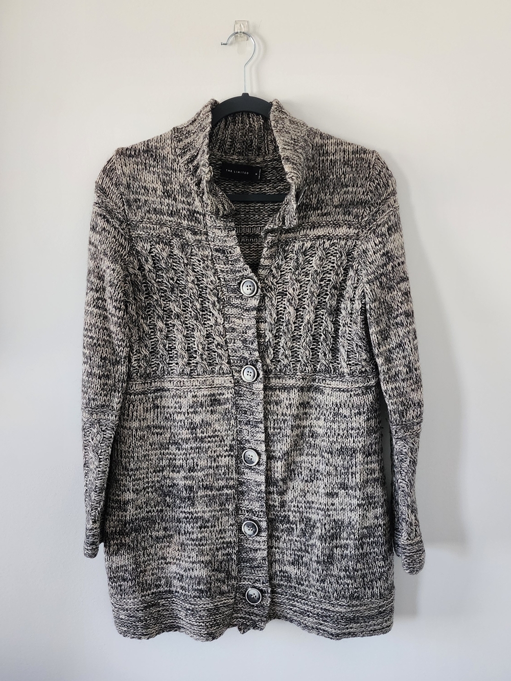The Limited Wool Alpaca Blend Long Cable Knit Cardigan Coat Medium Gray Marled